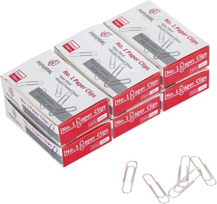 A close-up view of a stack of silver PAPERPAL #1 nonskid paper clips, some loose and some in their clear plastic box.